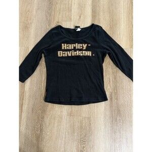 Harley-Davidson Women's 3/4 Sleeve Tee Shirt Size L Y2K Shiny Logo Black